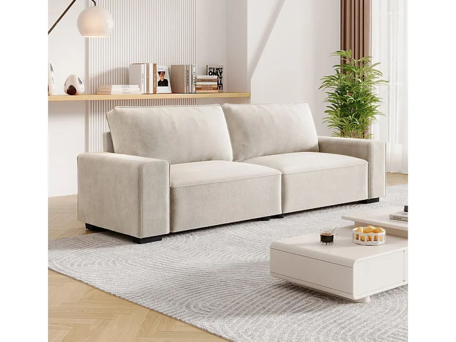 Sofá 3 plazas chenilla beige - con reposabrazos anchos - 220 x 83 x 88 cm