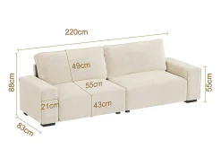 Sofá 3 plazas chenilla beige - con reposabrazos anchos - 220 x 83 x 88 cm
