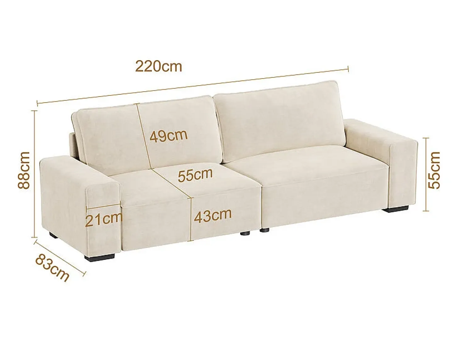 Sofá 3 plazas chenilla beige - con reposabrazos anchos - 220 x 83 x 88 cm