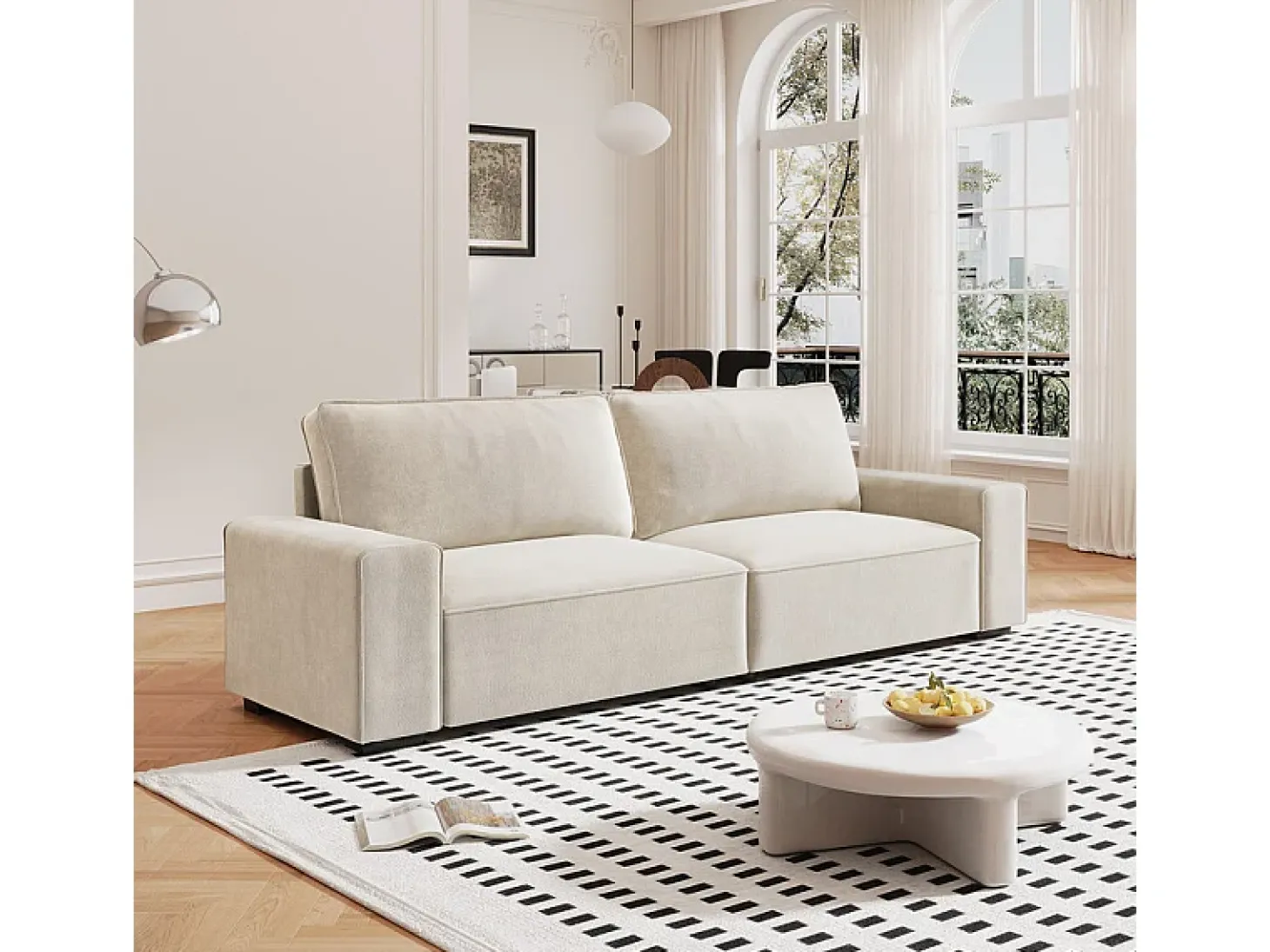 Sofá 3 plazas chenilla beige - con reposabrazos anchos - 220 x 83 x 88 cm