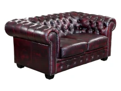 Sofá 2 plazas chesterfield 100% piel color cereza BRENTON