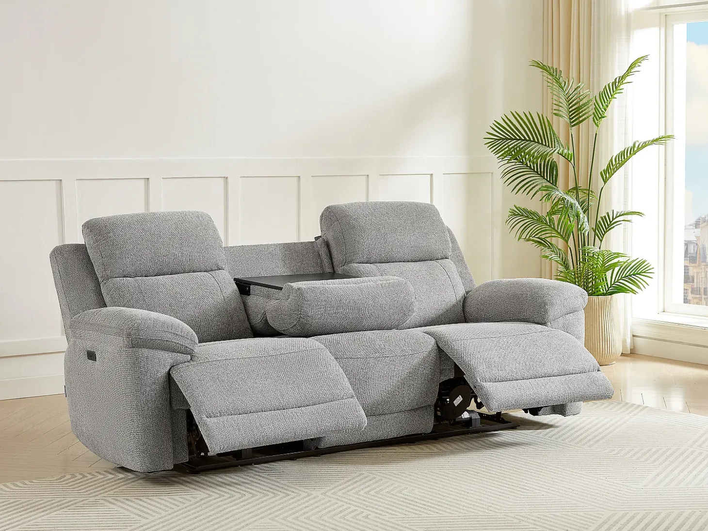 Sofá 3 plazas con relax eléctrico y mesa auxiliar en tela jaspeada gris KELUNO