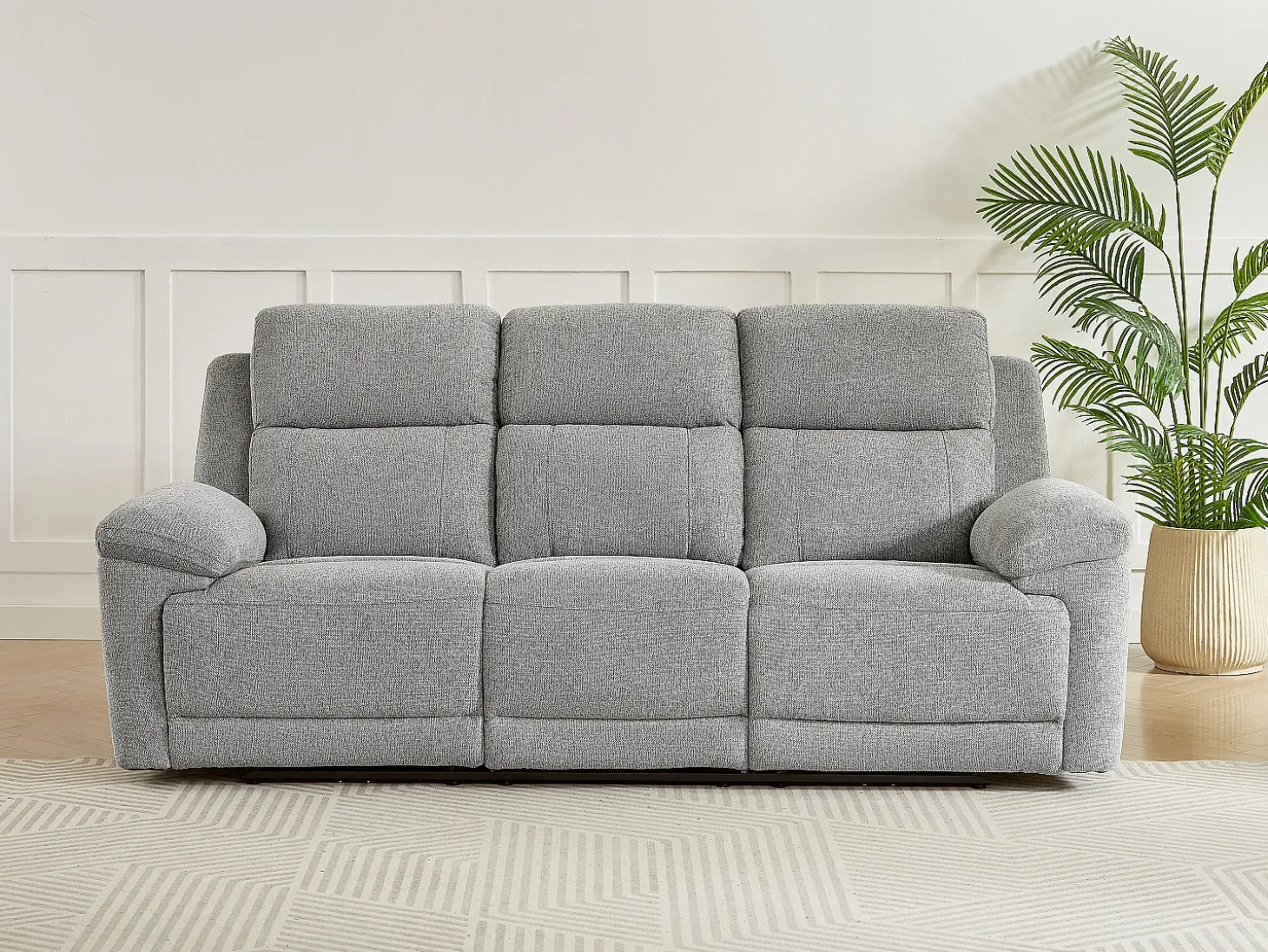 Sofá 3 plazas con relax eléctrico y mesa auxiliar en tela jaspeada gris KELUNO