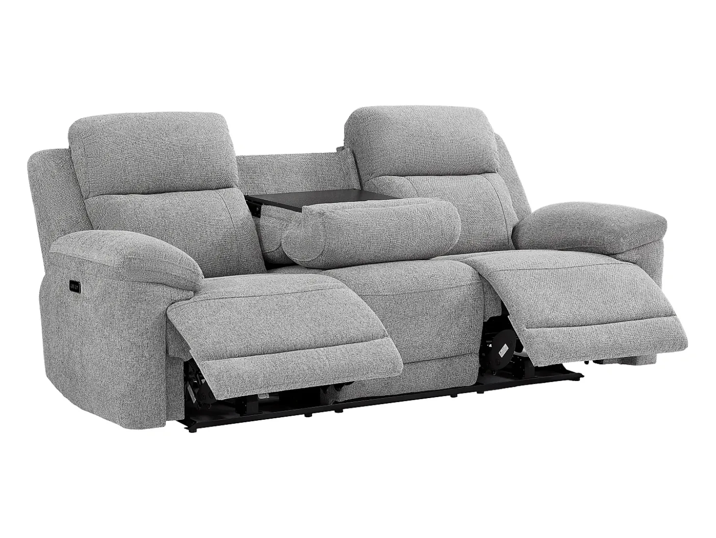 Sofá 3 plazas con relax eléctrico y mesa auxiliar en tela jaspeada gris KELUNO