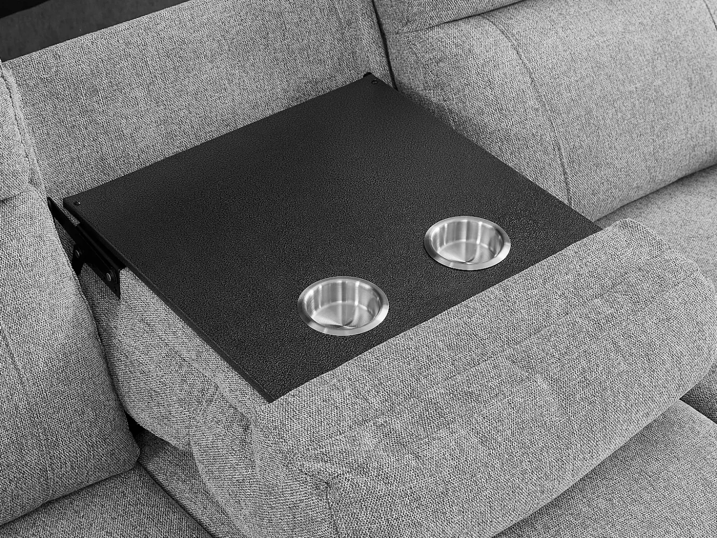 Sofá 3 plazas con relax eléctrico y mesa auxiliar en tela jaspeada gris KELUNO