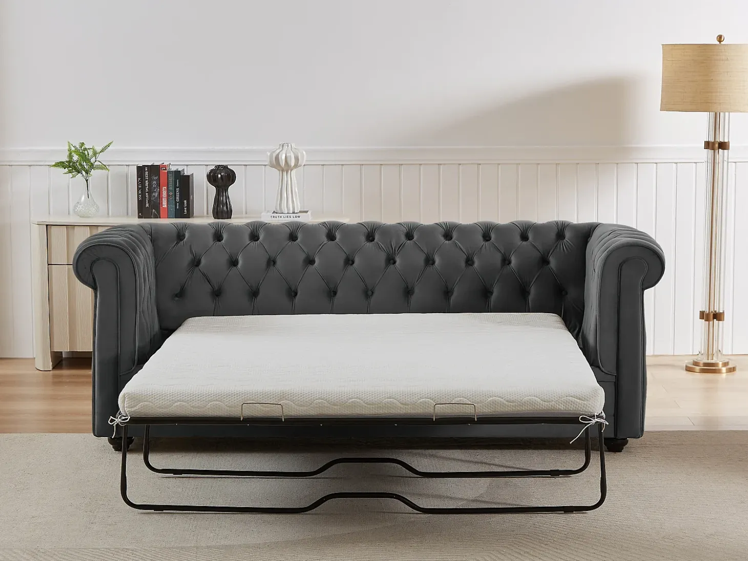 Sofá 3 plazas convertible de terciopelo gris antracita CHESTERFIELD