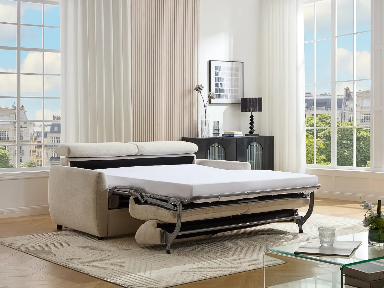 Sofá 3 plazas convertible express en tejido beige SOVALI