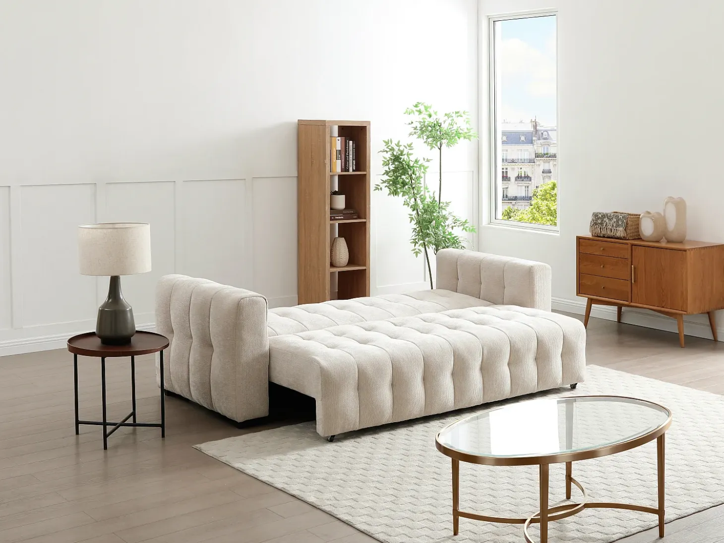 Sofá 3 plazas convertible en tela texturizada beige PANILO