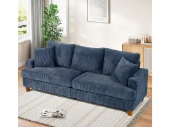 Sofá 3 Plazas de Pana, con 2 Cojines, asientos extra profundos de 53cm, 220x76x84cm, Azul