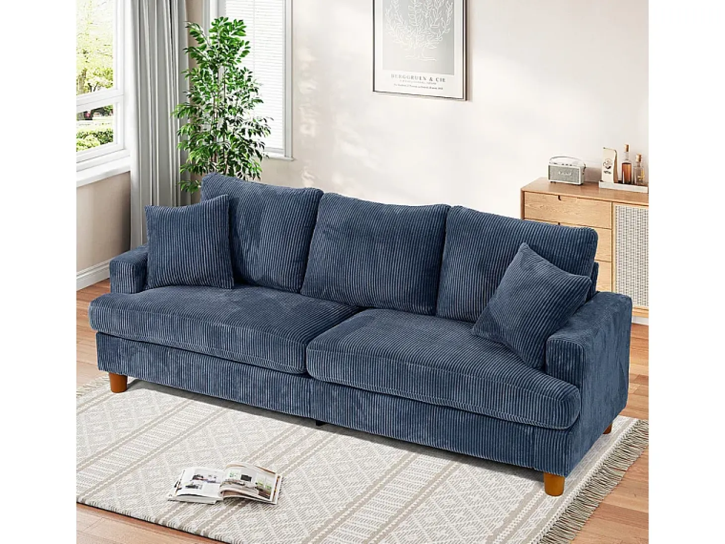Sofá 3 Plazas de Pana, con 2 Cojines, asientos extra profundos de 53cm, 220x76x84cm, Azul