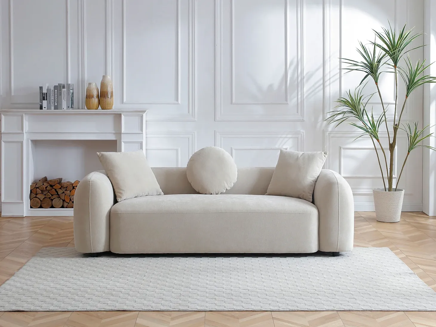 Sofá 3 plazas de tela color beige con cojines OXILA