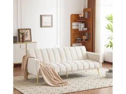 Sofá 3 plazas de terciopelo beige - 3 en 1 - Respaldo y reposabrazos regulables - 184 x 79 x 71 cm