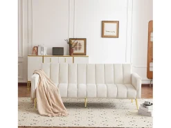Sofá 3 plazas de terciopelo beige - 3 en 1 - Respaldo y reposabrazos regulables - 184 x 79 x 71 cm