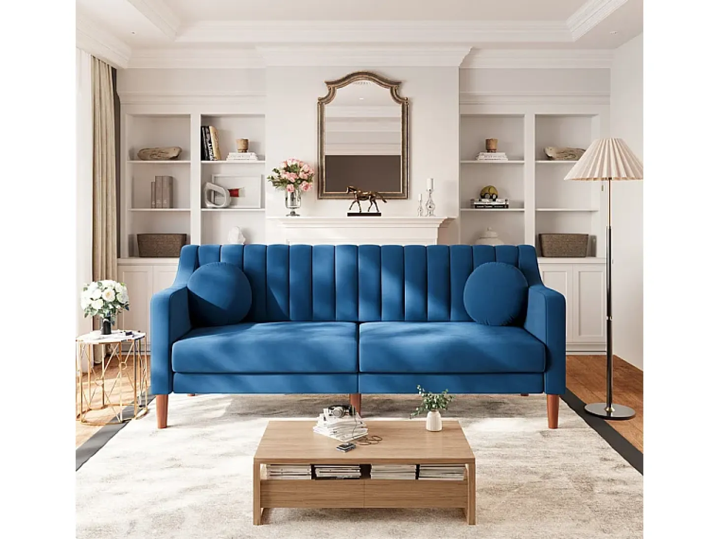 Sofá 3 plazas de terciopelo - patas de madera maciza 19cm - con 2 cojines - 206x74x83cm - Azul
