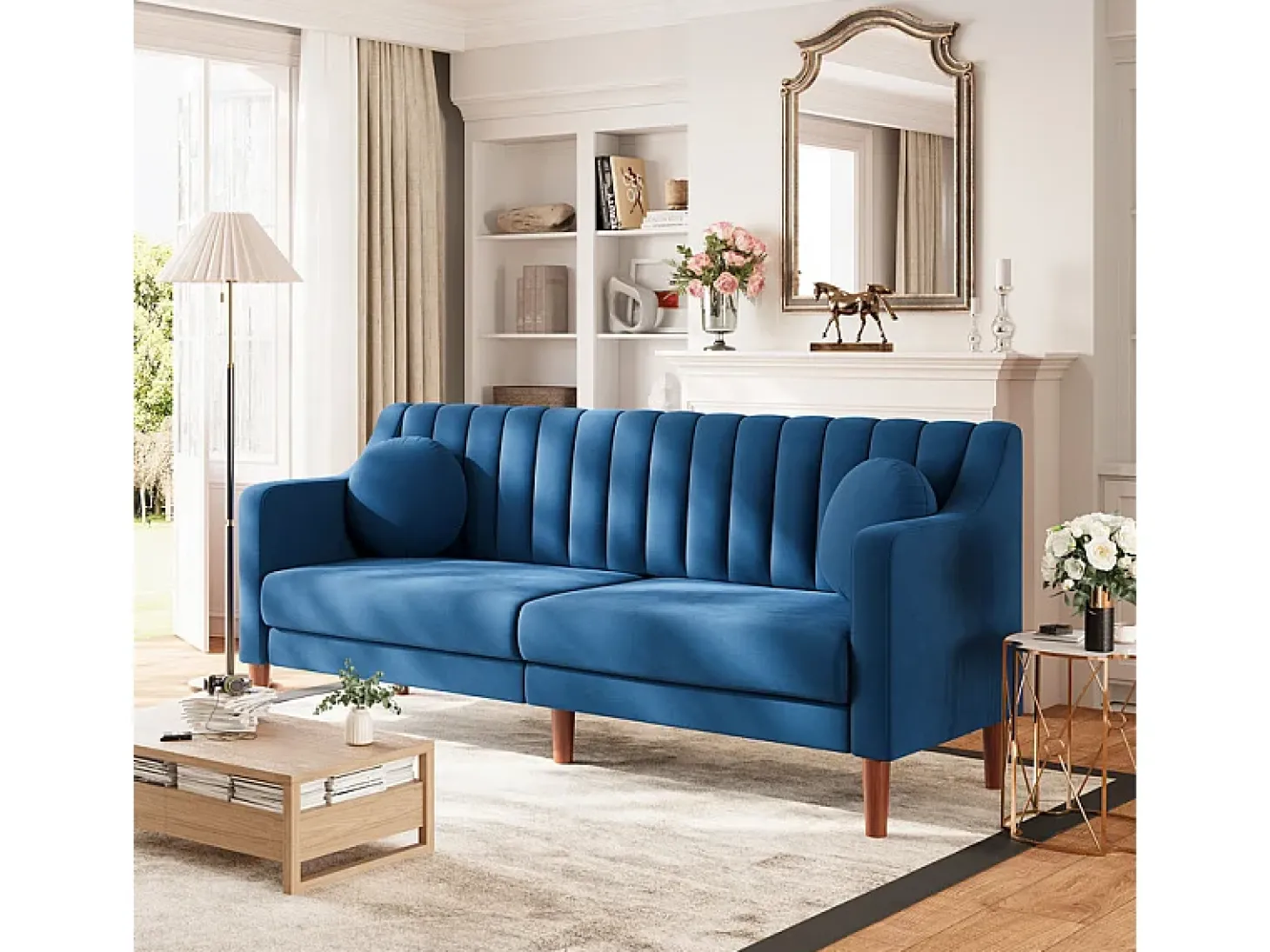 Sofá 3 plazas de terciopelo - patas de madera maciza 19cm - con 2 cojines - 206x74x83cm - Azul