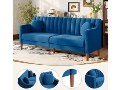 Sofá 3 plazas de terciopelo - patas de madera maciza 19cm - con 2 cojines - 206x74x83cm - Azul