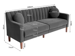 Sofá 3 plazas de terciopelo - patas de madera maciza 19cm - con 2 cojines - 206x74x83cm - Gris
