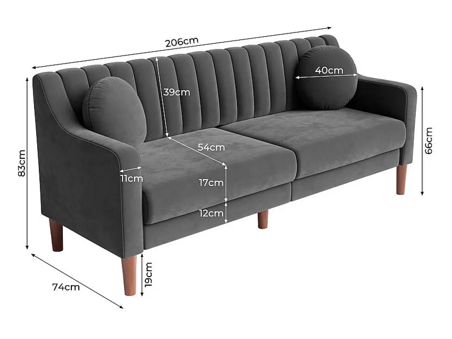 Sofá 3 plazas de terciopelo - patas de madera maciza 19cm - con 2 cojines - 206x74x83cm - Gris