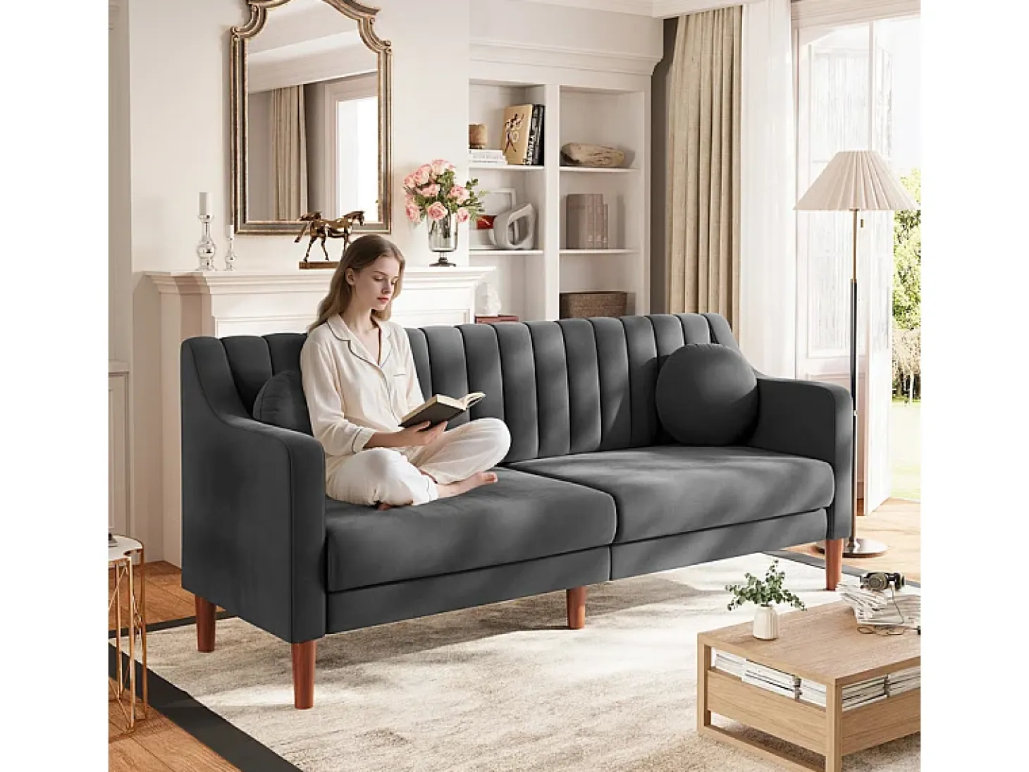 Sofá 3 plazas de terciopelo - patas de madera maciza 19cm - con 2 cojines - 206x74x83cm - Gris