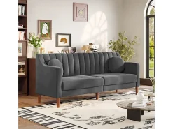 Sofá 3 plazas de terciopelo - patas de madera maciza 19cm - con 2 cojines - 206x74x83cm - Gris