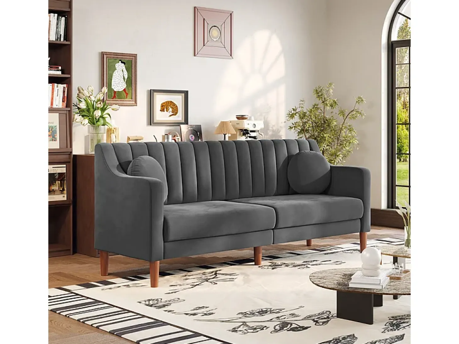 Sofá 3 plazas de terciopelo - patas de madera maciza 19cm - con 2 cojines - 206x74x83cm - Gris