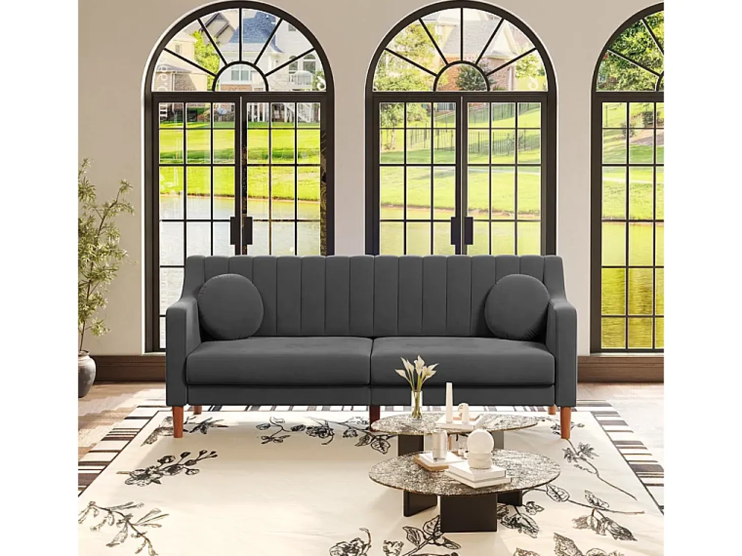 Sofá 3 plazas de terciopelo - patas de madera maciza 19cm - con 2 cojines - 206x74x83cm - Gris