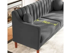 Sofá 3 plazas de terciopelo - patas de madera maciza 19cm - con 2 cojines - 206x74x83cm - Gris