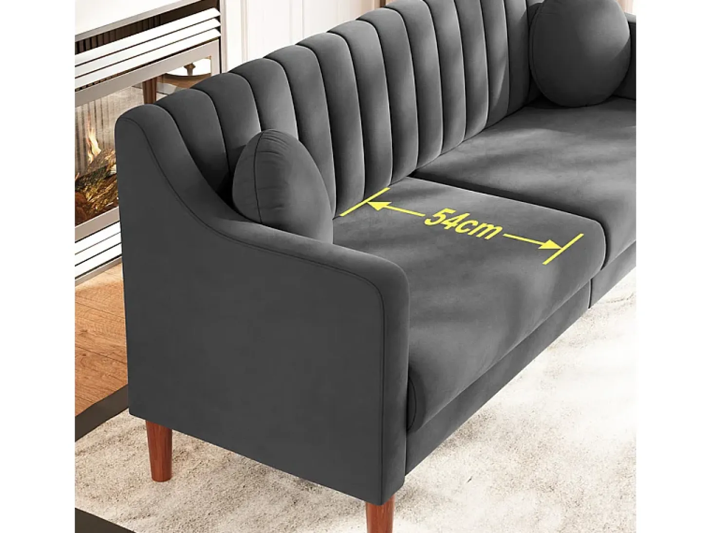 Sofá 3 plazas de terciopelo - patas de madera maciza 19cm - con 2 cojines - 206x74x83cm - Gris