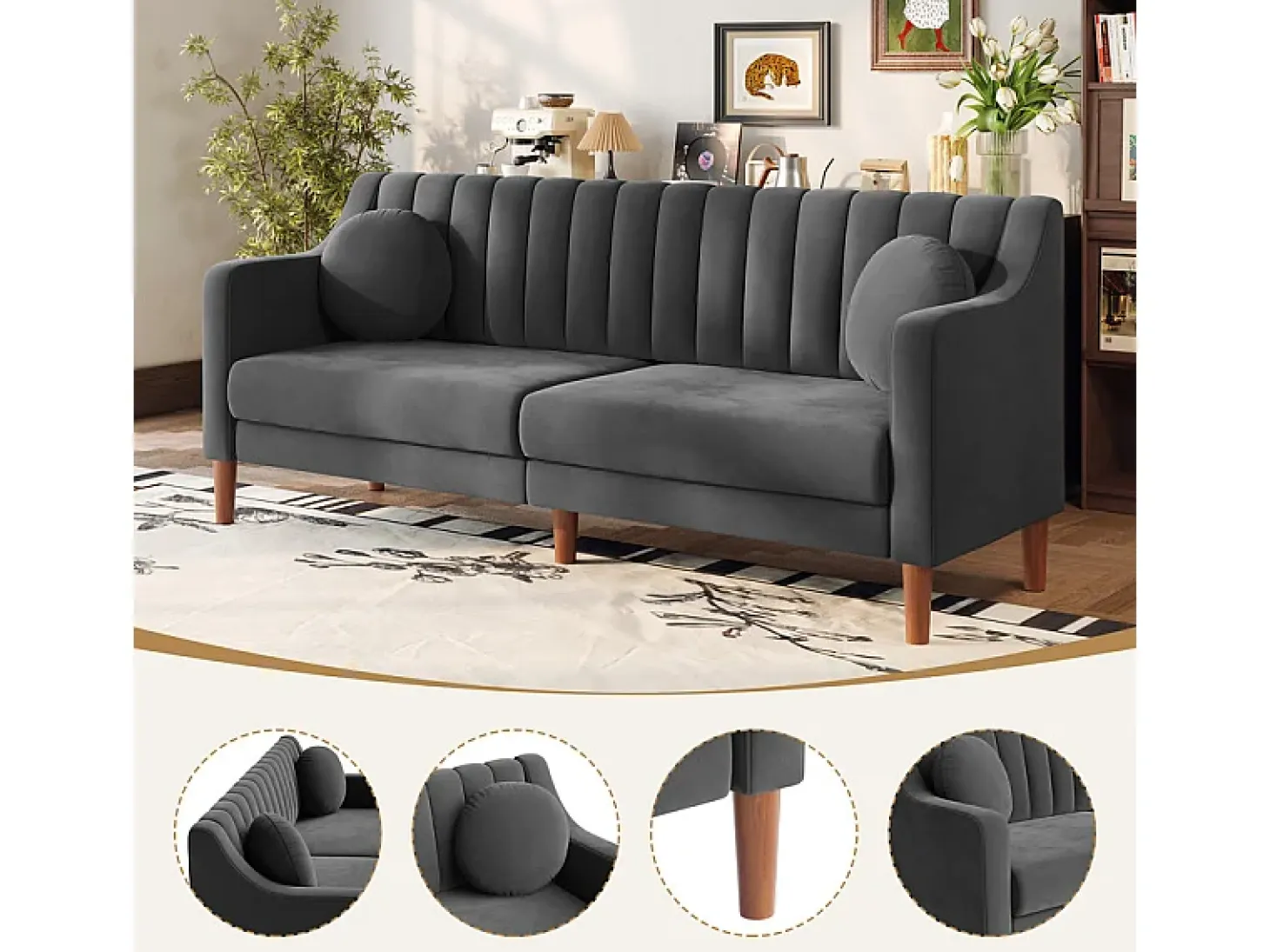Sofá 3 plazas de terciopelo - patas de madera maciza 19cm - con 2 cojines - 206x74x83cm - Gris