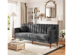 Sofá 3 plazas de terciopelo - patas de madera maciza 19cm - con 2 cojines - 206x74x83cm - Gris
