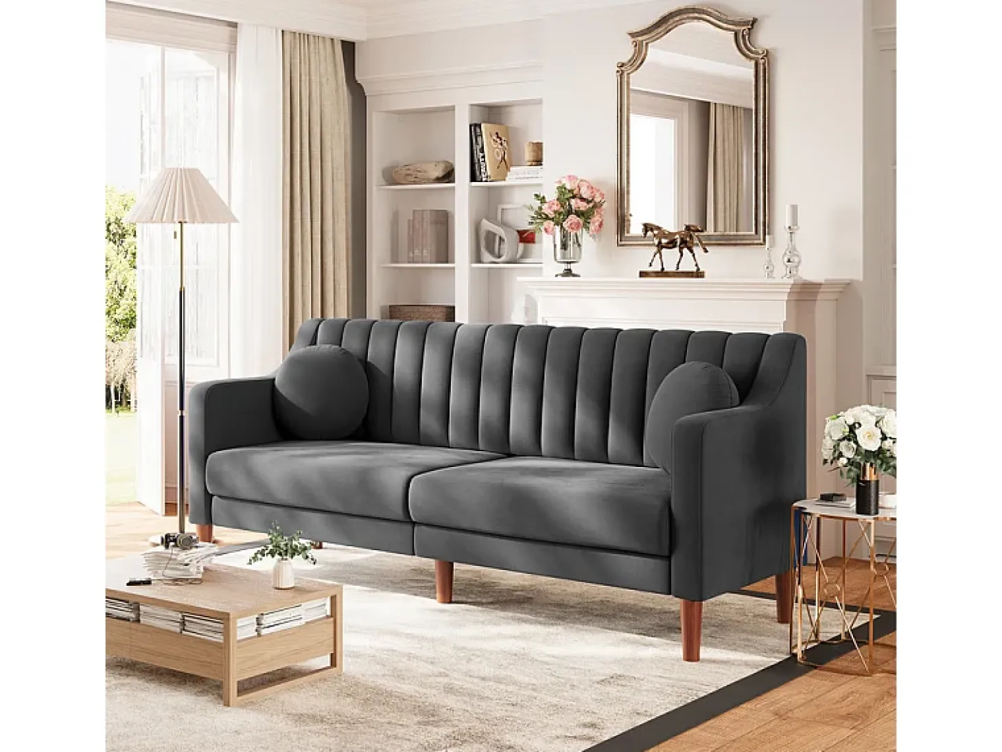 Sofá 3 plazas de terciopelo - patas de madera maciza 19cm - con 2 cojines - 206x74x83cm - Gris