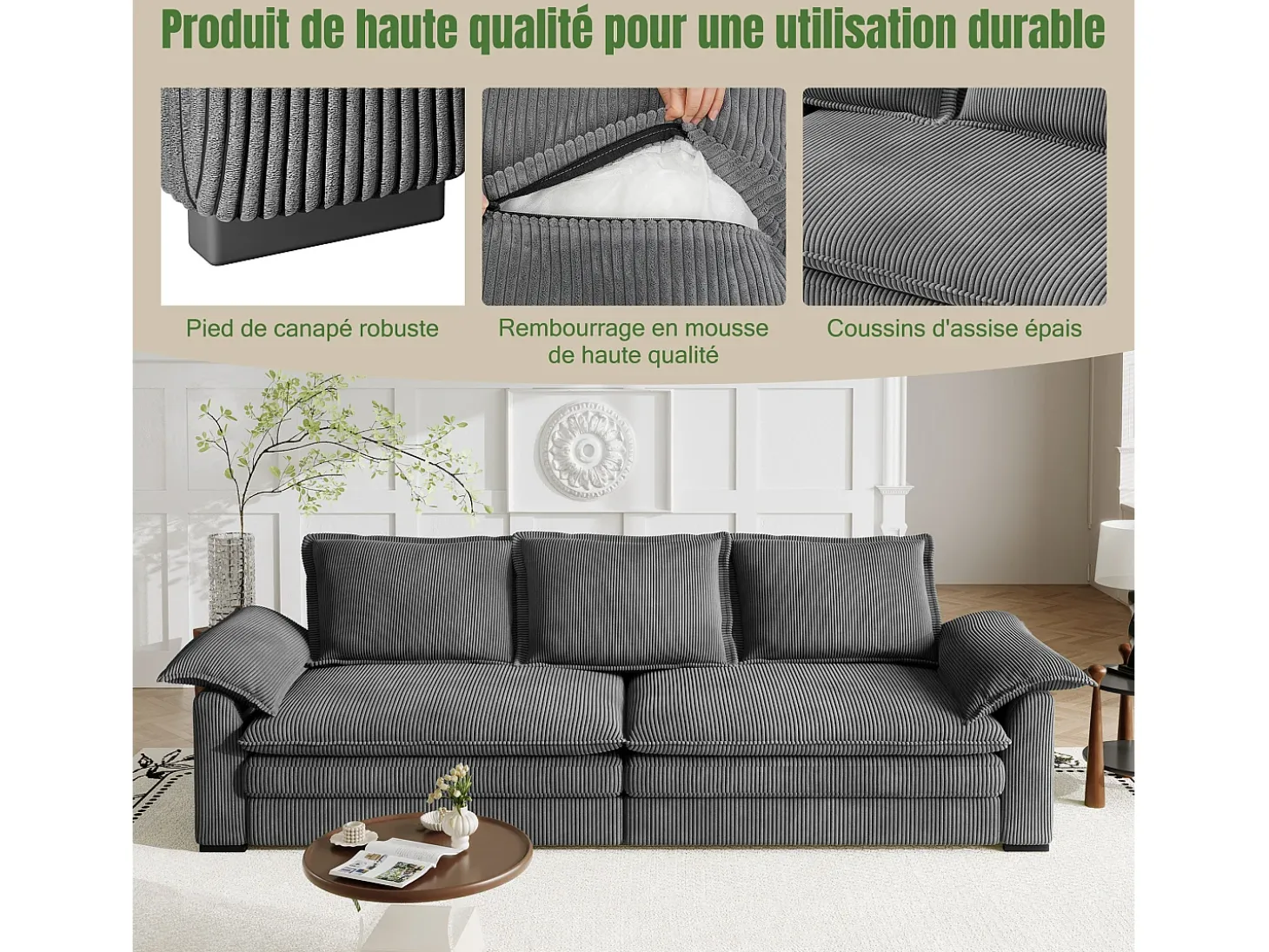 Sofá 3 plazas en pana, con 2 cojines de brazo, desmontables y lavables, 265x86x88cm, Gris