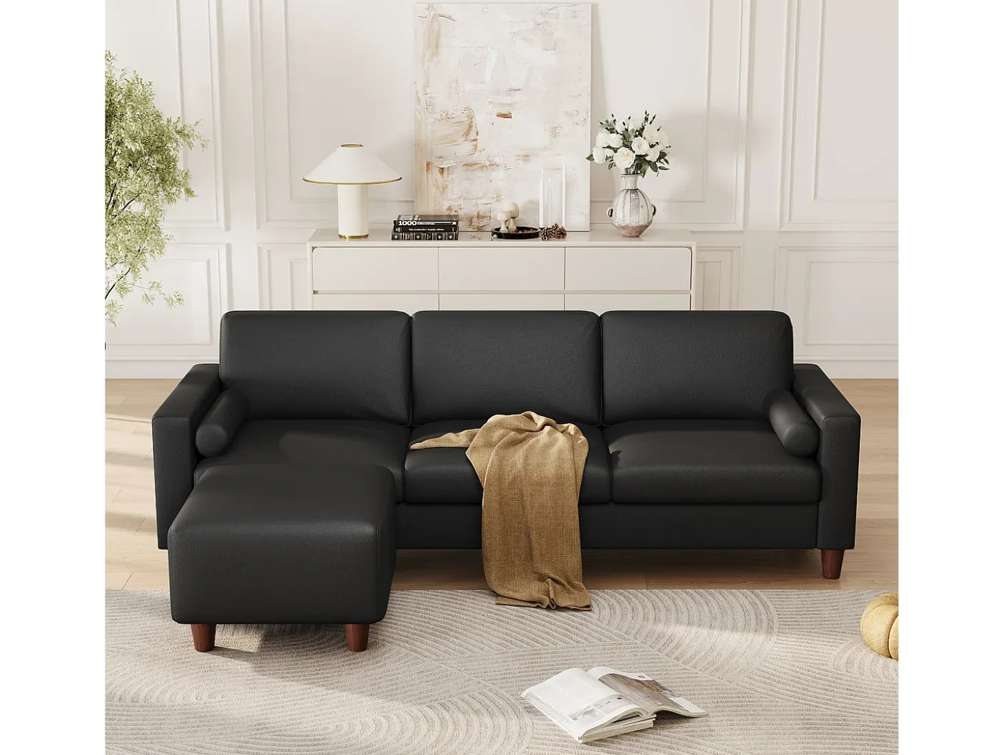 Sofá 3 plazas en skai, con otomana y 2 cojines redondos, estructura de madera, 234x155x88cm, Negro
