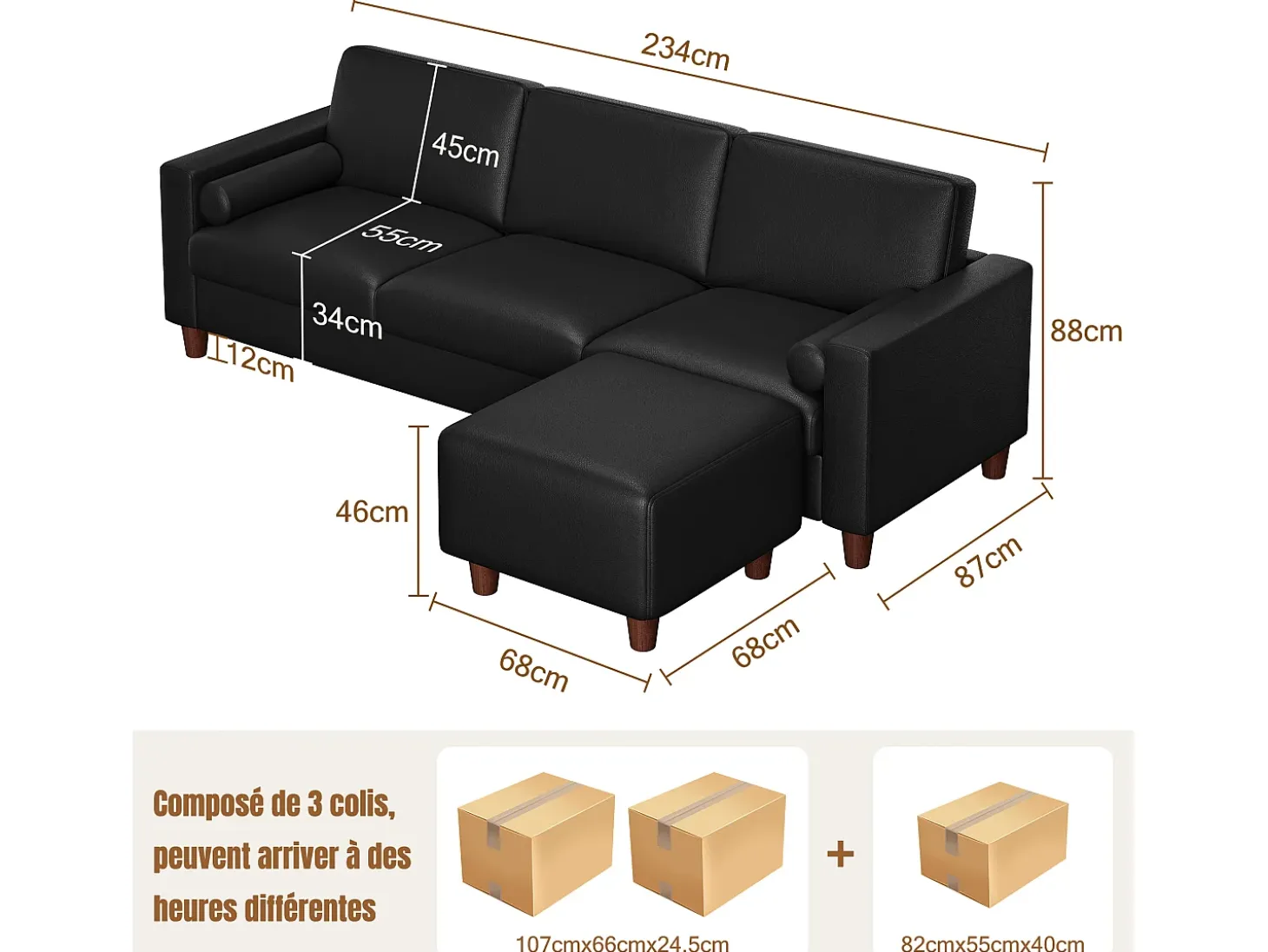 Sofá 3 plazas en skai, con otomana y 2 cojines redondos, estructura de madera, 234x155x88cm, Negro