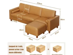 Sofá 3 plazas en skai, con otomana y 2 cojines redondos, estructura de madera, 234x155x88cm, Naranja