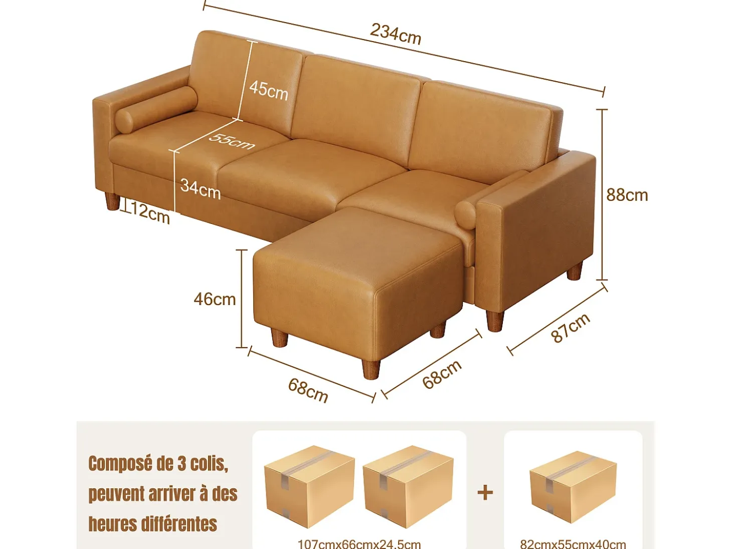 Sofá 3 plazas en skai, con otomana y 2 cojines redondos, estructura de madera, 234x155x88cm, Naranja