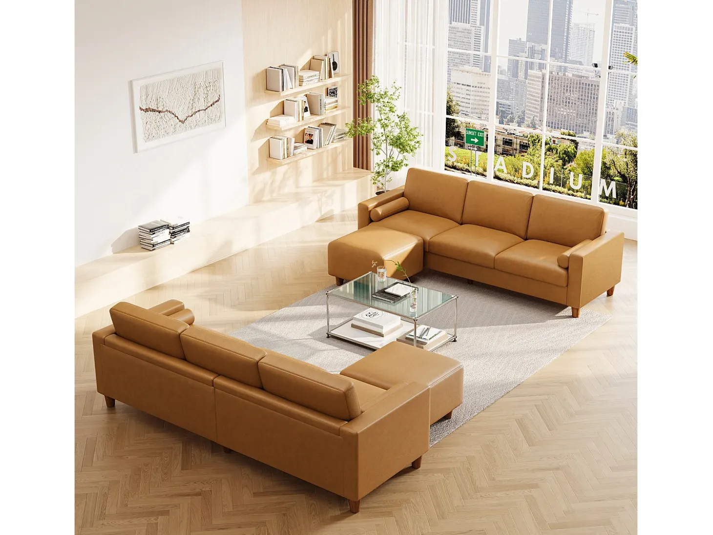 Sofá 3 plazas en skai, con otomana y 2 cojines redondos, estructura de madera, 234x155x88cm, Naranja