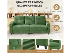 Sofá 3 plazas en tejido chenille verde - con 3 cojines - funda desmontable lavable - 220x81x88cm