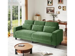 Sofá 3 plazas en tejido chenille verde - con 3 cojines - funda desmontable lavable - 220x81x88cm
