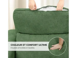 Sofá 3 plazas en tejido chenille verde - con 3 cojines - funda desmontable lavable - 220x81x88cm