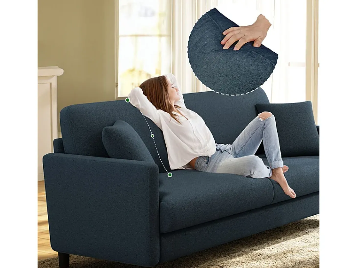 Sofá 2 plazas en tejido terciopelo teddy con 2 cojines - Azul - 148 x 89 x 79 cm