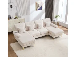 Sofá 4 plazas en terciopelo beige con iluminación LED y puerto USB - diseño moderno en U