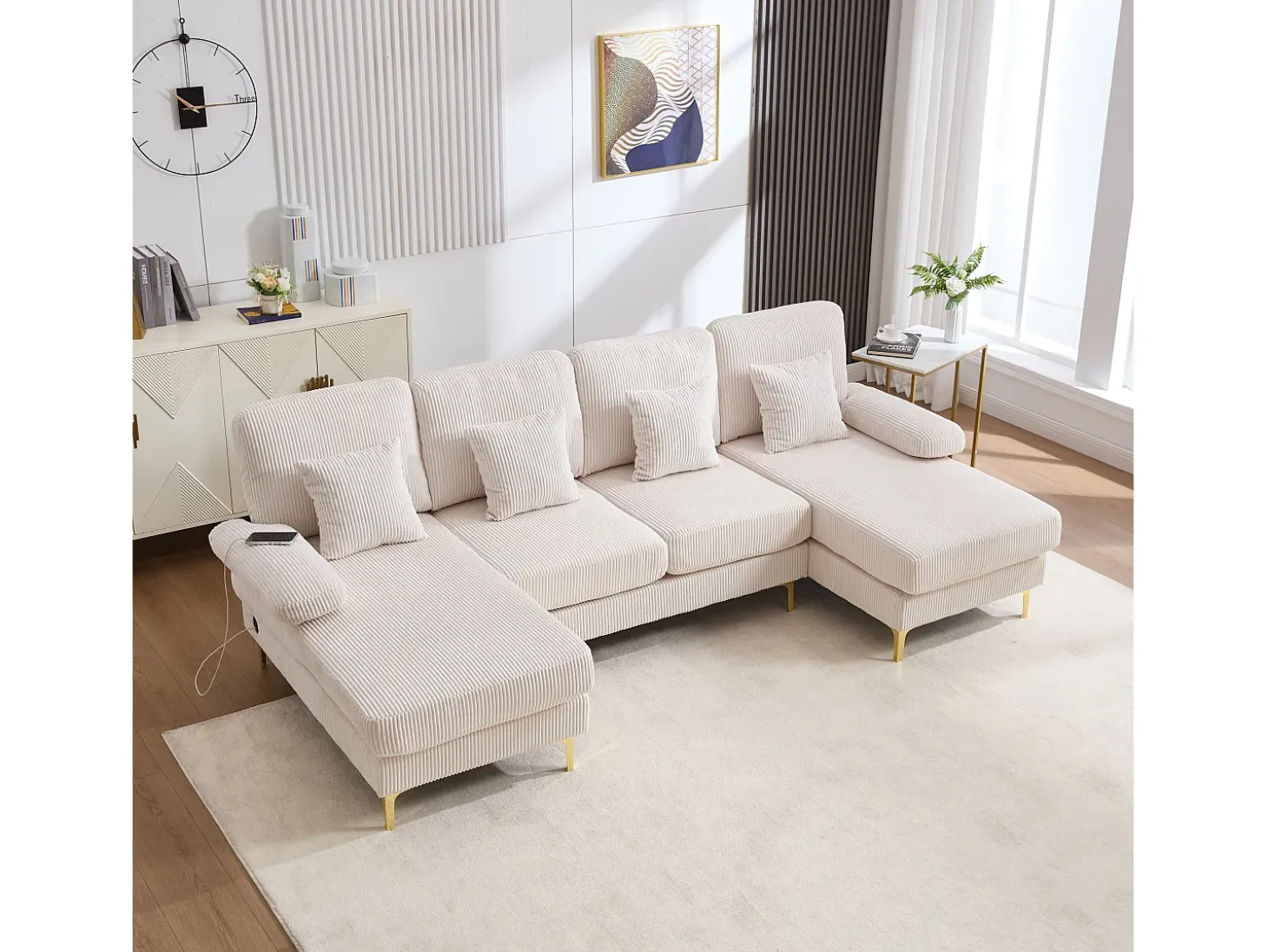 Sofá 4 plazas en terciopelo beige con iluminación LED y puerto USB - diseño moderno en U
