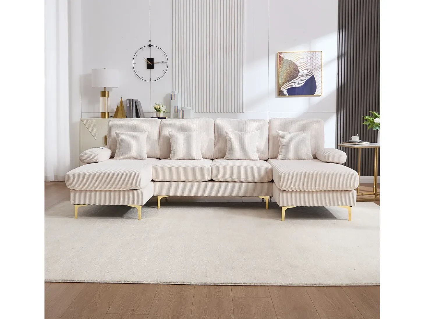 Sofá 4 plazas en terciopelo beige con iluminación LED y puerto USB - diseño moderno en U