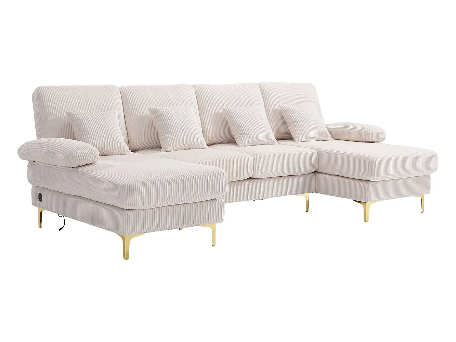 Sofá 4 plazas en terciopelo beige con iluminación LED y puerto USB - diseño moderno en U