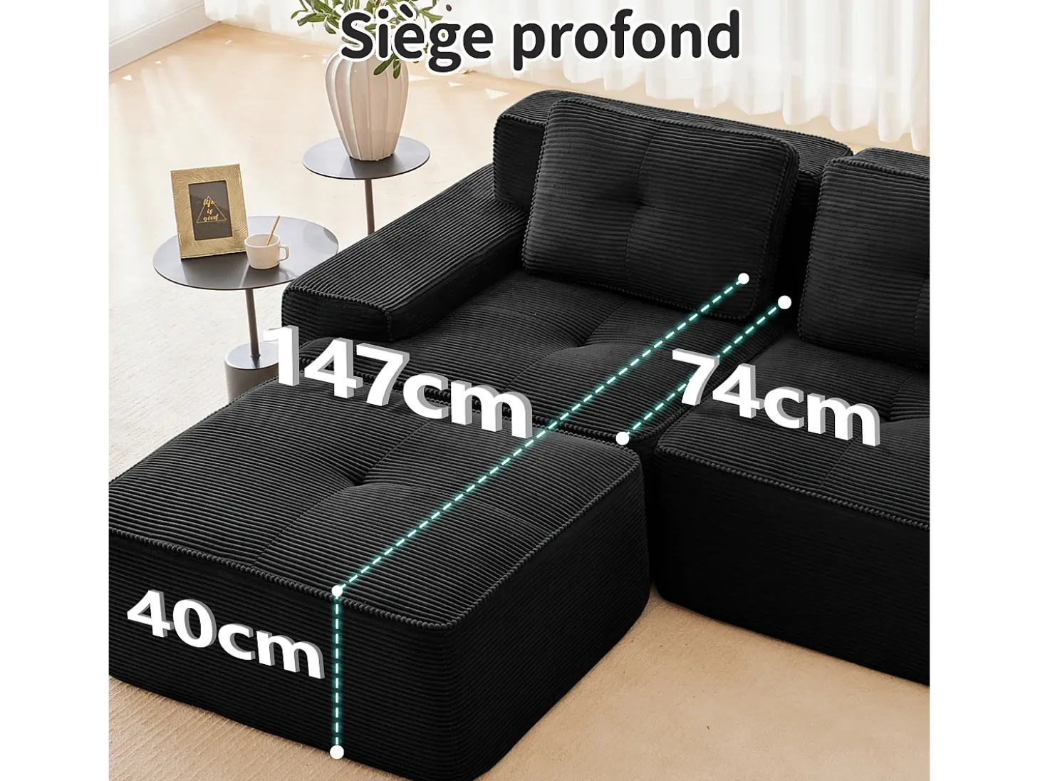 Sofá 3 plazas Esquina Modular en Pana, con otomana y 3 cojines, 293x177x69cm, Negro