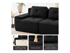 Sofá 3 plazas Esquina Modular en Pana, con otomana y 3 cojines, 293x177x69cm, Negro