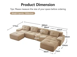 Sofá 4 plazas Esquina Modular en Pana, con 2 otomanas y 4 cojines, 382x177x69cm, Beige