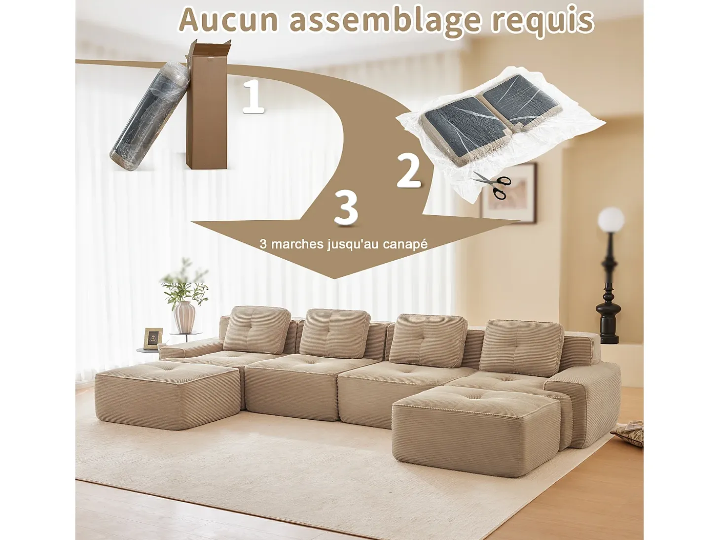 Sofá 4 plazas Esquina Modular en Pana, con 2 otomanas y 4 cojines, 382x177x69cm, Beige