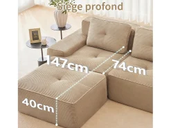 Sofá 4 plazas Esquina Modular en Pana, con 2 otomanas y 4 cojines, 382x177x69cm, Beige